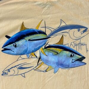 Guy Harvey SHIRT Mens XL Yellow Graphic Pocket T Shirt Tuna Fishing 2008